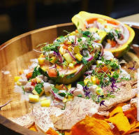 Opah Ceviche with local mango, papaya, herbs, sweet potato chips!