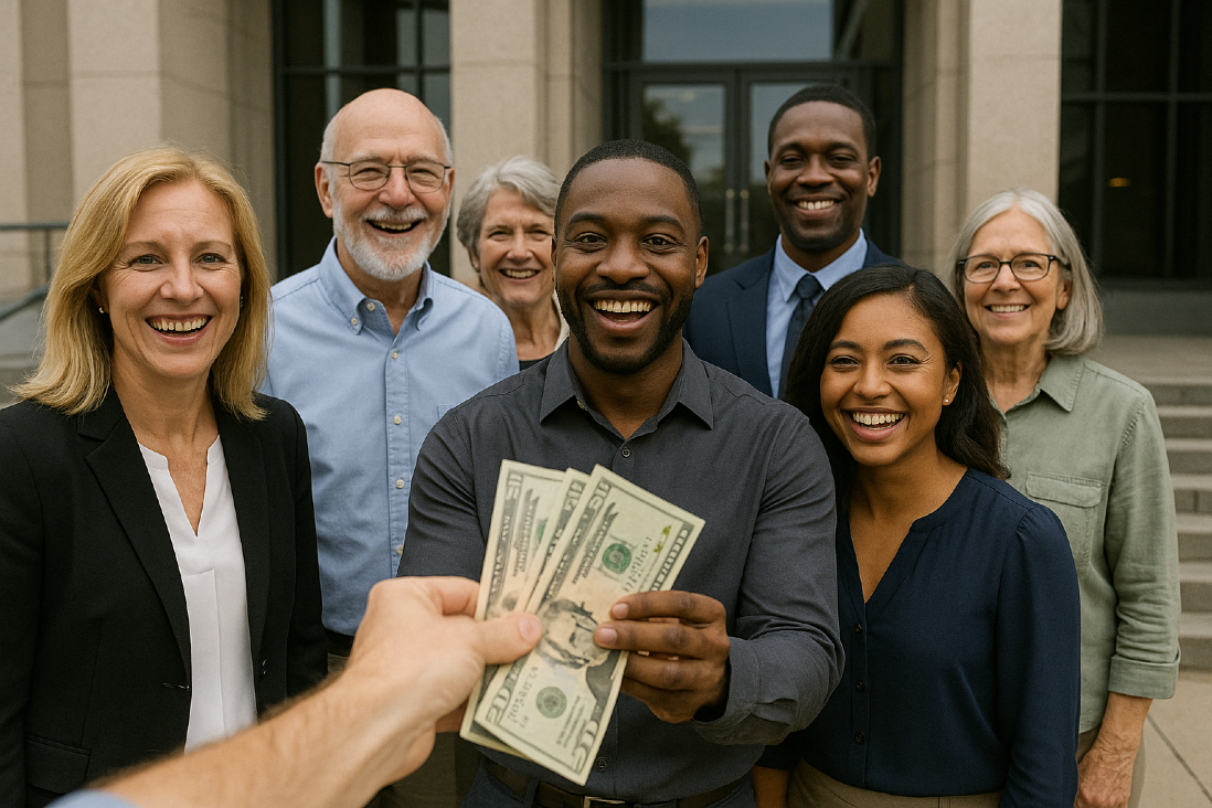Happy people receiving cash for their charitable organization now